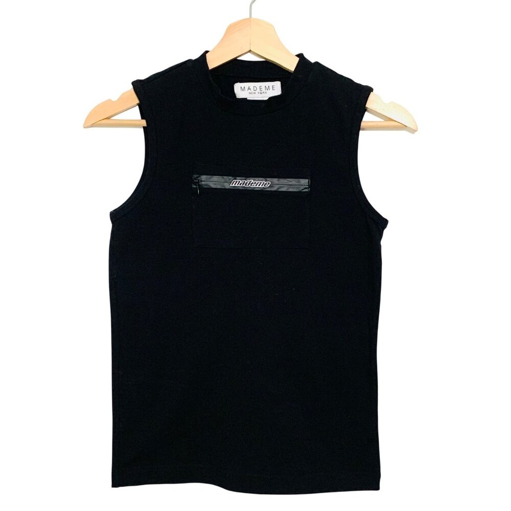 Made Me NY  Black Sleeveless Tank Top W/ Zipper Pocket Front Detail Medium